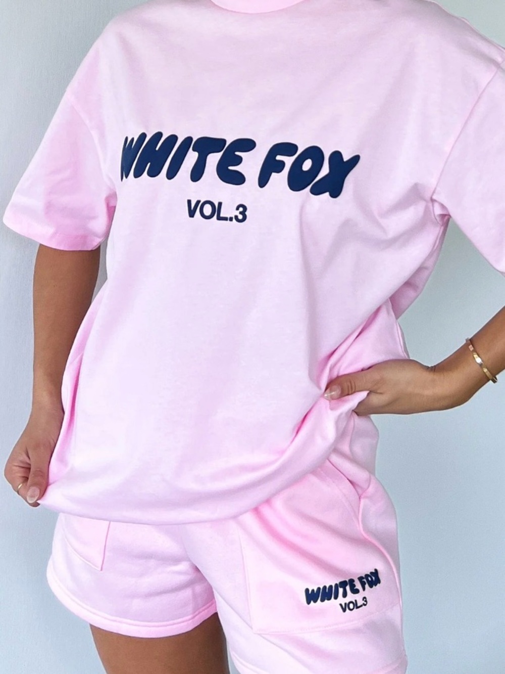 White Fox Boutique Pink Graphic Tee with Navy Logo